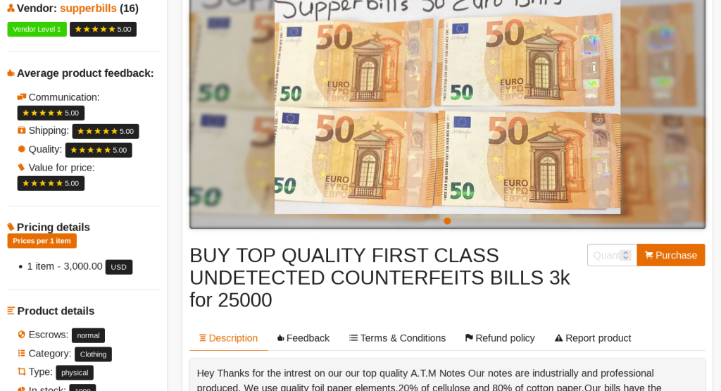 Darknet counterfeit money vendor "supperbills"